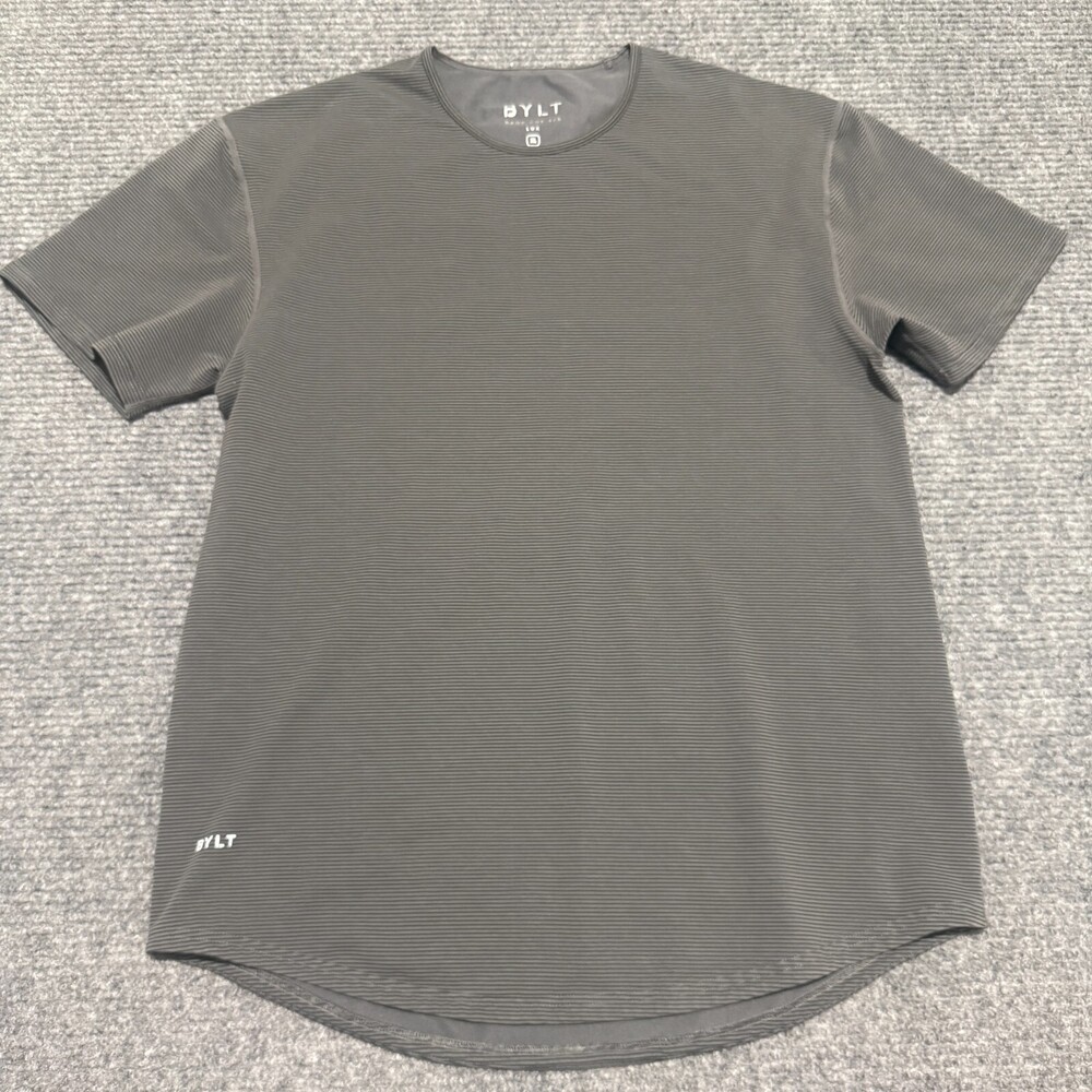 BYLT Shirt Mens XL Black Grey Drop Cut Lux Crew Neck Short Sleeve Striped